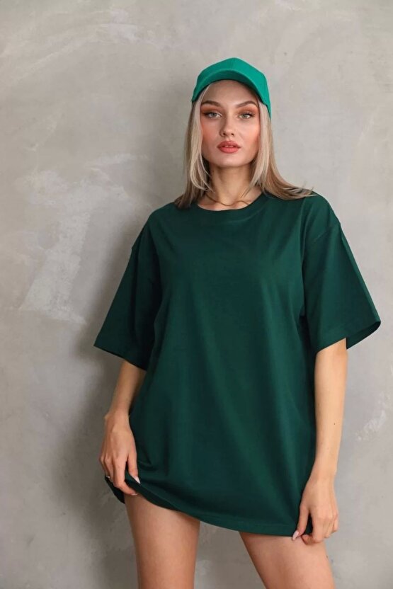 Unisex Bisiklet Yaka 201 Düz Oversize T-Shirt - Yeşil