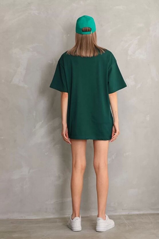 Unisex Bisiklet Yaka 201 Düz Oversize T-Shirt - Yeşil