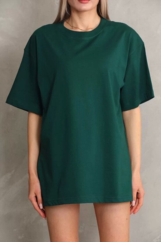 Unisex Bisiklet Yaka 201 Düz Oversize T-Shirt - Yeşil