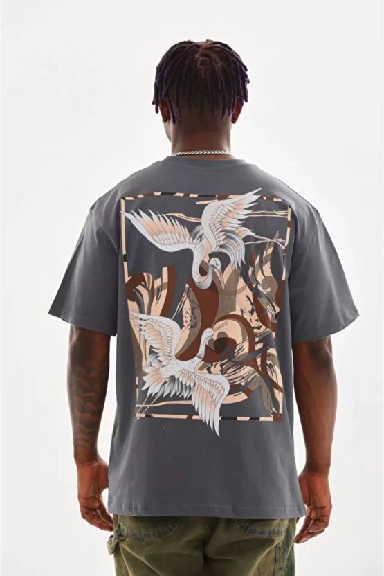 Gelirr Unisex Baskılı Oversize T-shirt - Füme