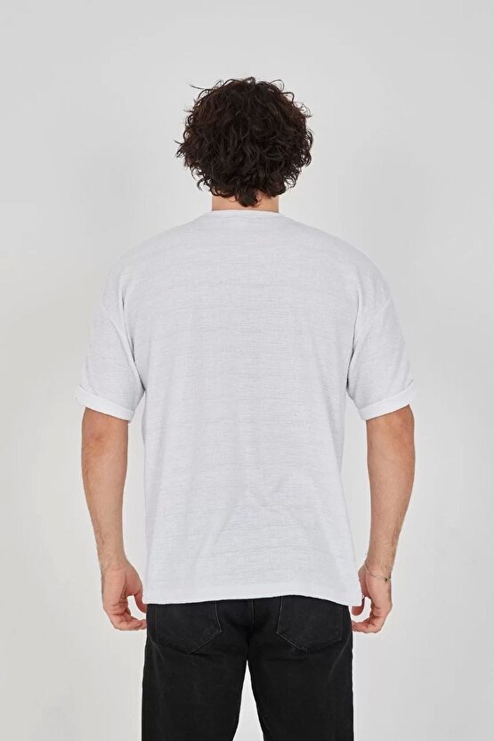 eyesof Unisex Jakar Kumaş Rahat Kol T-Shirt - Beyaz