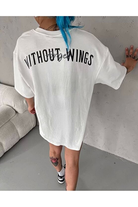 Unisex Bisiklet Yaka Baskılı Oversize T-Shirt - Beyaz