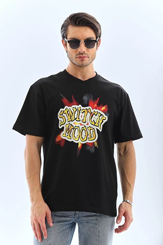 Unisex Oversize Baskılı Bisiklet Yaka T-Shirt - Siyah