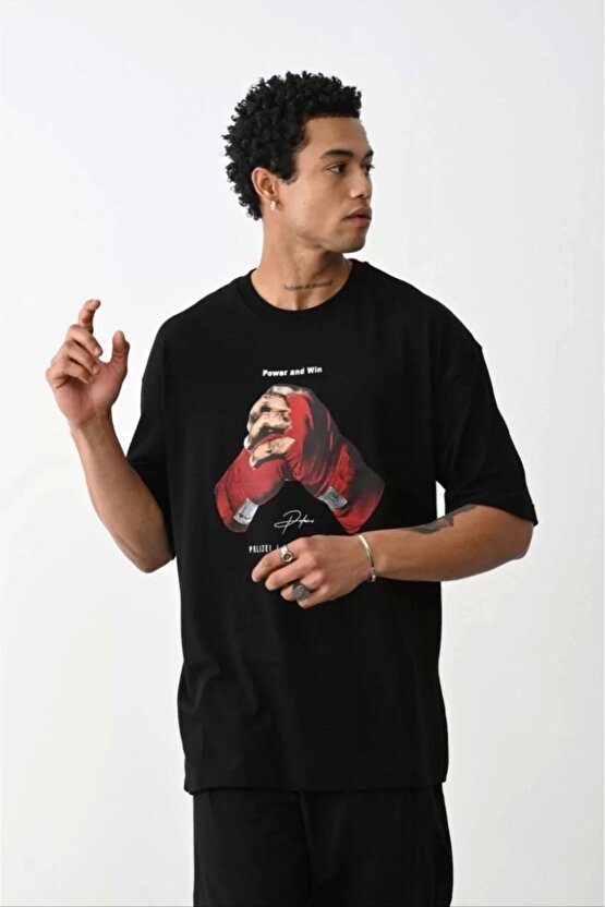 Unisex Baskılı Oversize T-Shirt - Siyah