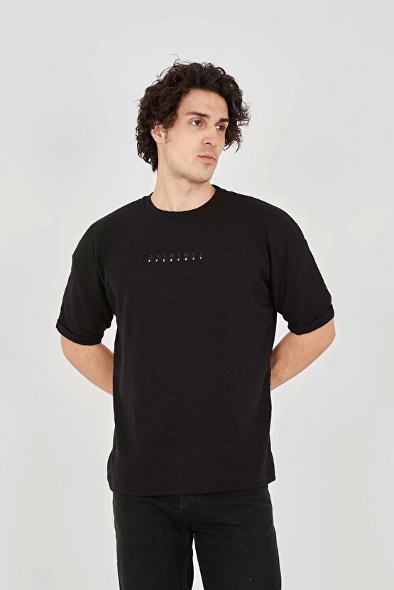 Unisex Jakar Kumaş Rahat Kol T-shirt - Siyah