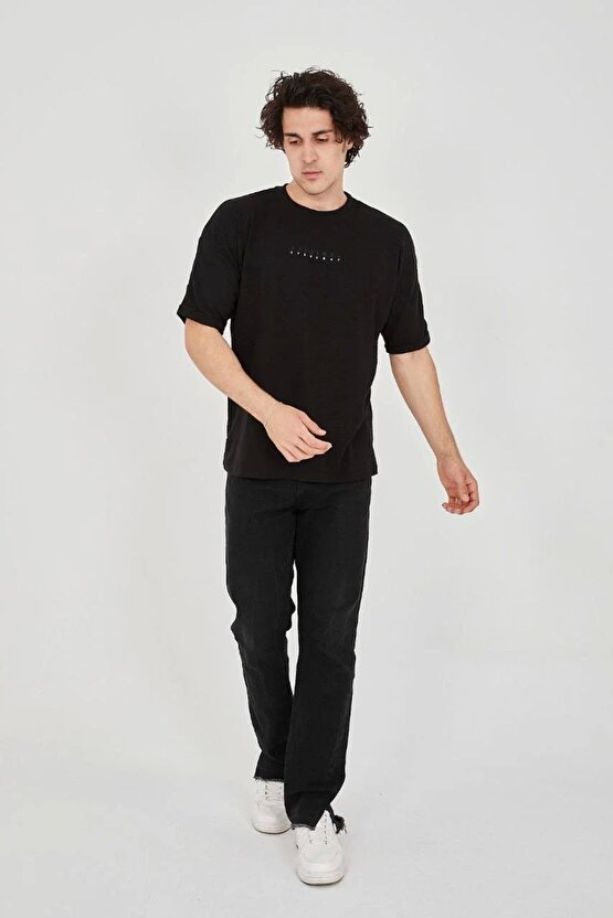 Unisex Jakar Kumaş Rahat Kol T-shirt - Siyah