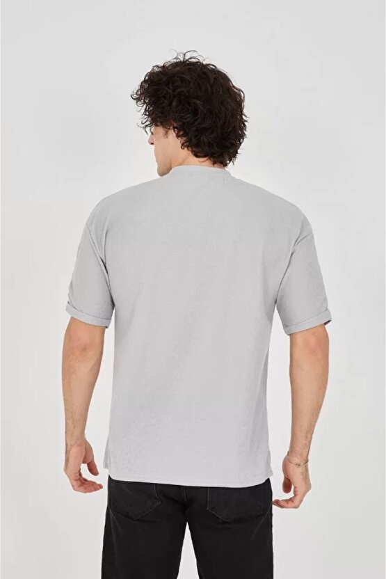 Moda Shop & Butik Unisex Waffle Kumaş Rahat Kol T-shirt - Boyalı Gri