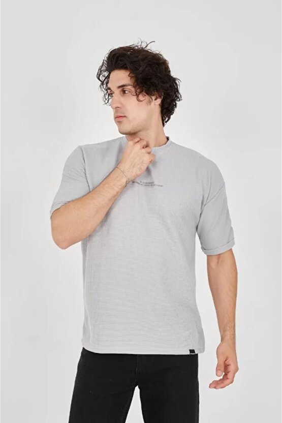 Moda Shop & Butik Unisex Waffle Kumaş Rahat Kol T-shirt - Boyalı Gri