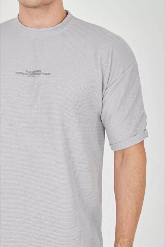Moda Shop & Butik Unisex Waffle Kumaş Rahat Kol T-shirt - Boyalı Gri