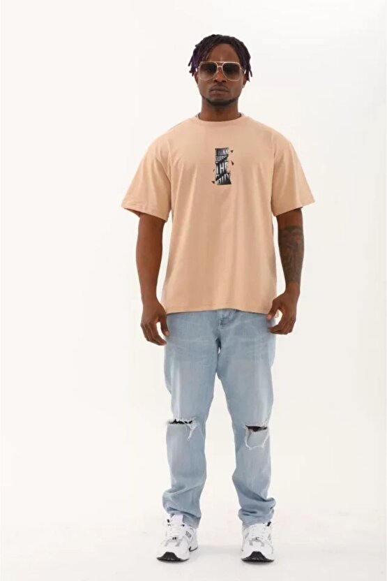Moda Shop & Butik Unisex Oversize Baskılı Bisiklet Yaka T-shirt - Bej