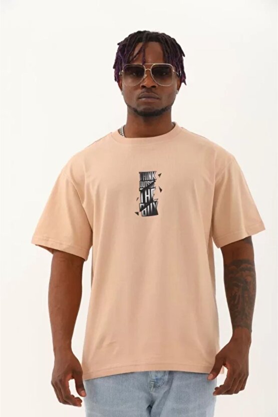 Moda Shop & Butik Unisex Oversize Baskılı Bisiklet Yaka T-shirt - Bej