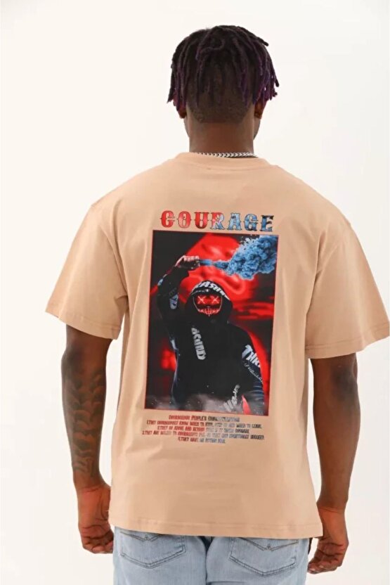 Moda Shop & Butik Unisex Oversize Baskılı Bisiklet Yaka T-shirt - Bej