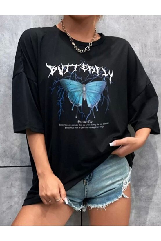 Unisex Baskılı Oversize T-Shirt - Siyah