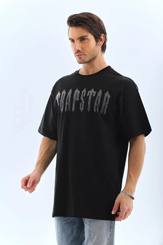 eyesof Unisex Oversize Taşlı Bisiklet Yaka T-Shirt - Siyah