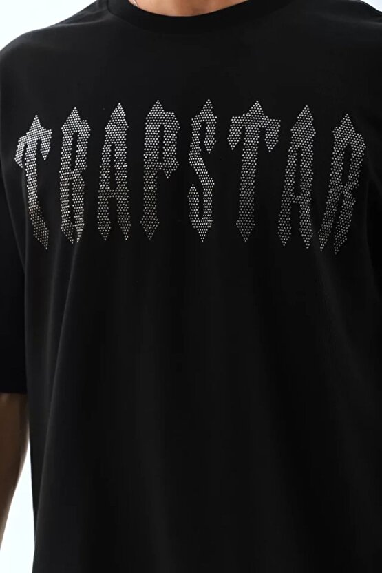 eyesof Unisex Oversize Taşlı Bisiklet Yaka T-Shirt - Siyah