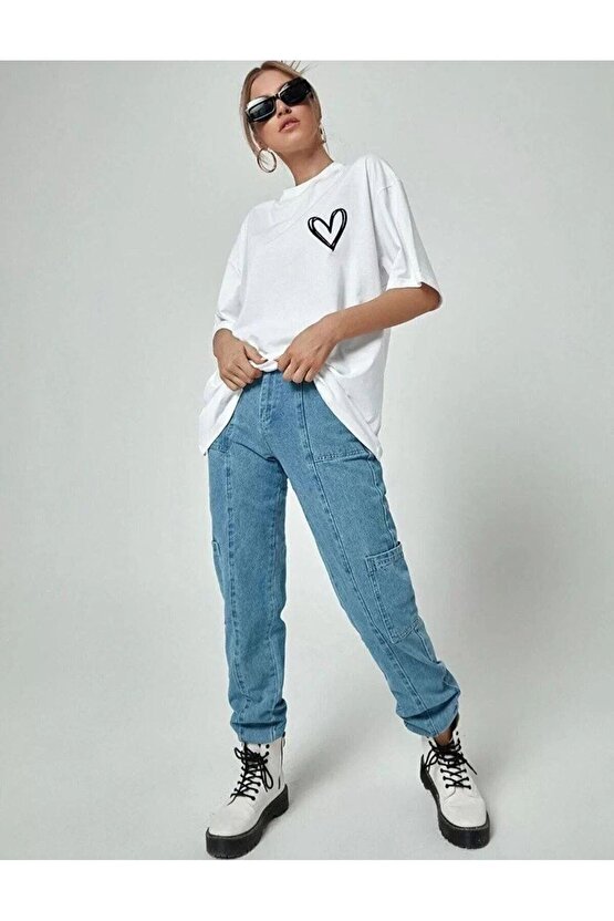 Unisex Baskılı Oversize T-Shirt - Beyaz
