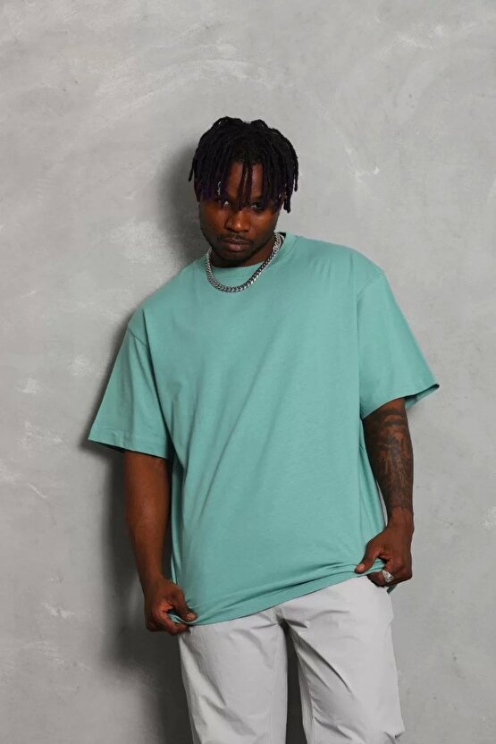 eyesof Unisex Oversize Düz Bisiklet Yaka T-Shirt - Mint Yeşili