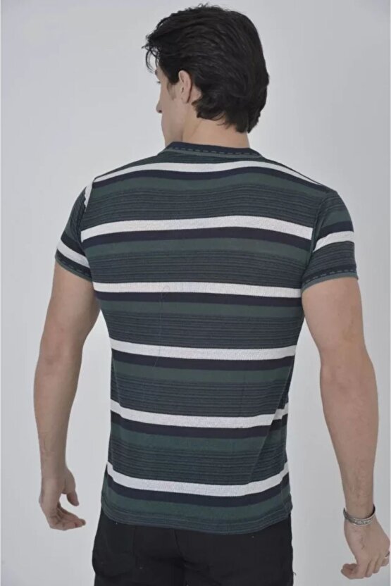Moda Shop & Butik Erkek Yakalı Slim Fit Dokuma Çizgili T-shirt - Haki