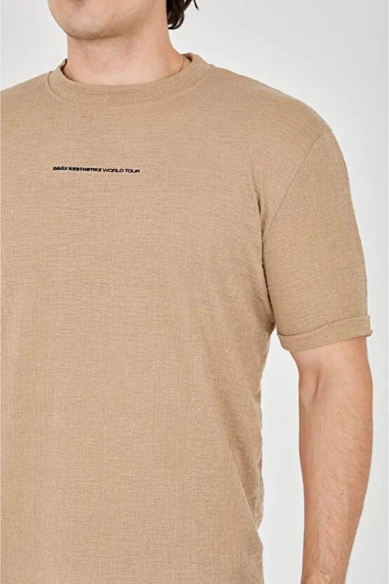 Moda Shop & Butik Unisex Jakar Kumaş Slim Fit T-shirt - Kahverengi
