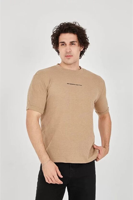 Moda Shop & Butik Unisex Jakar Kumaş Slim Fit T-shirt - Kahverengi