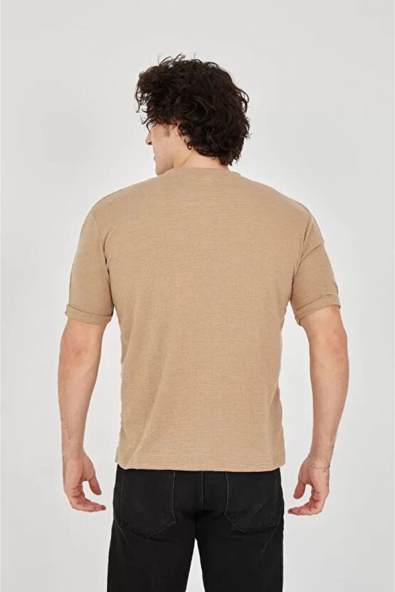 Moda Shop & Butik Unisex Jakar Kumaş Slim Fit T-shirt - Kahverengi