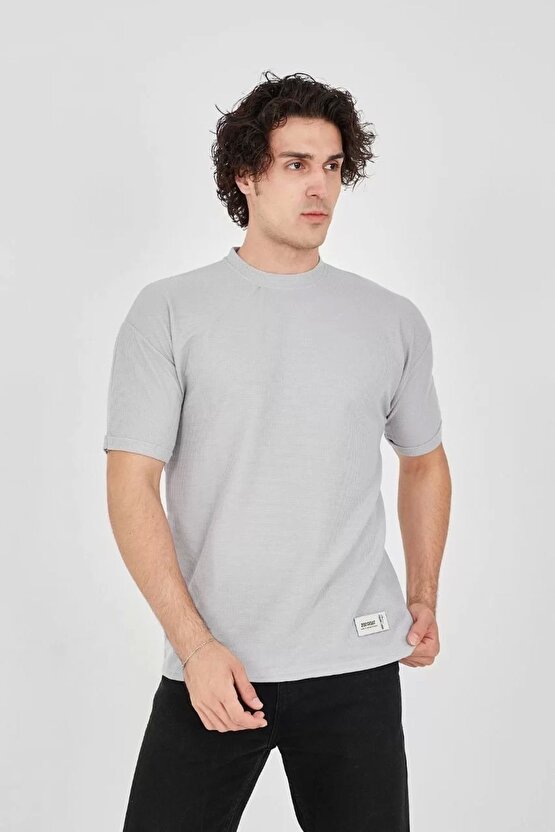 Unisex Waffle Kumaş Rahat Kol T-shirt - Boyalı Gri