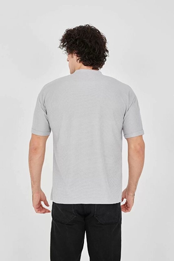 Unisex Waffle Kumaş Rahat Kol T-shirt - Boyalı Gri