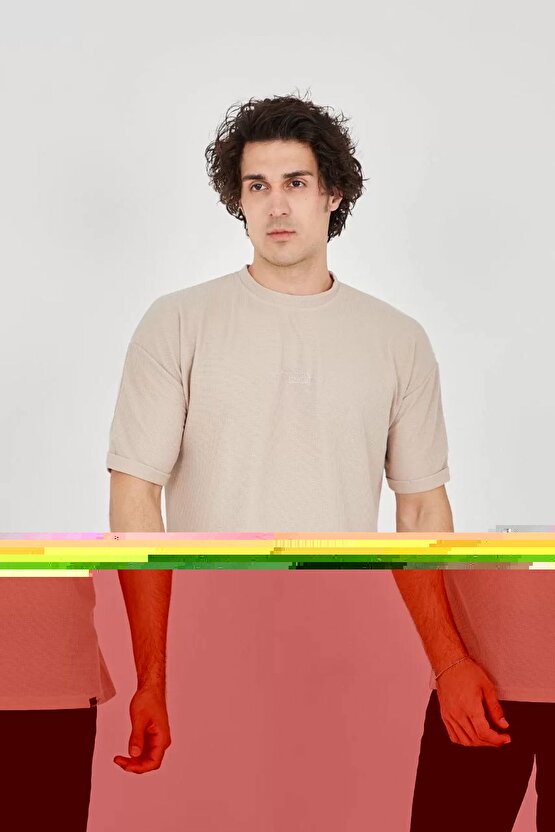 Unisex Bisiklet Yaka Baskılı Oversize T-Shirt - Siyah