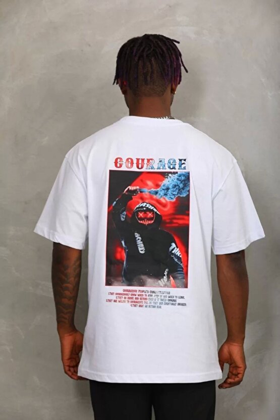 Unisex Oversize Baskılı Bisiklet Yaka T-Shirt - Beyaz