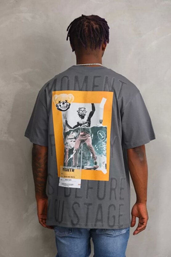 Unisex Baskılı Oversize T-shirt - Füme