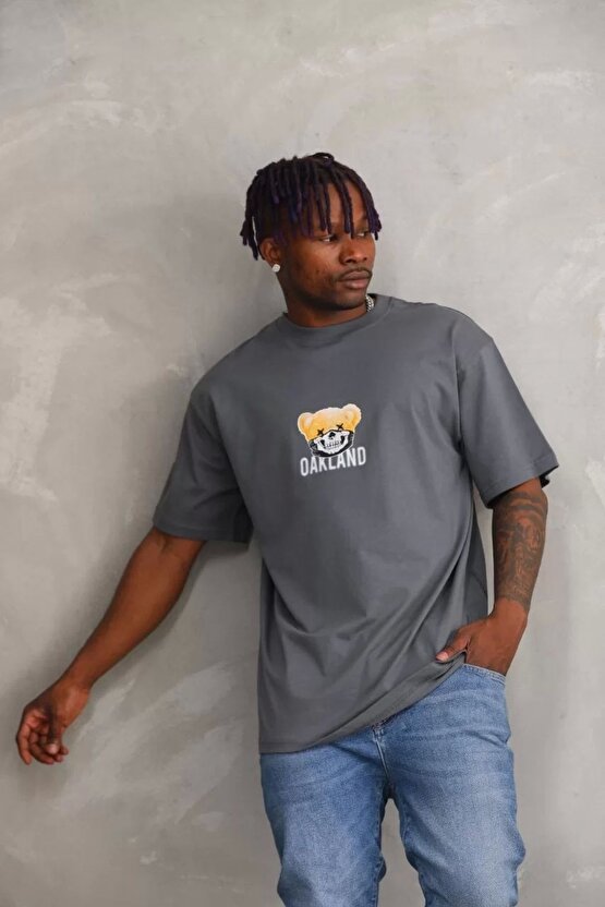 Unisex Baskılı Oversize T-shirt - Füme