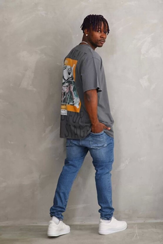 Unisex Baskılı Oversize T-shirt - Füme