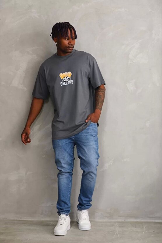 Unisex Baskılı Oversize T-shirt - Füme