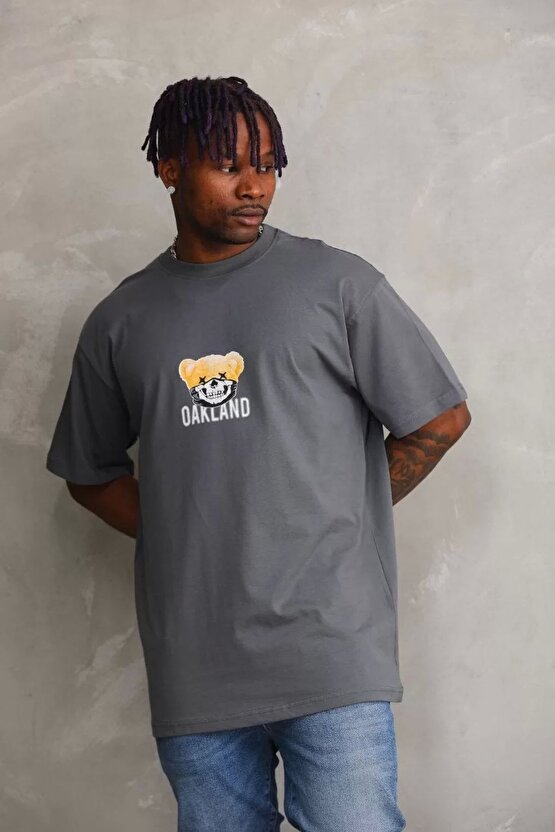 Unisex Baskılı Oversize T-shirt - Füme