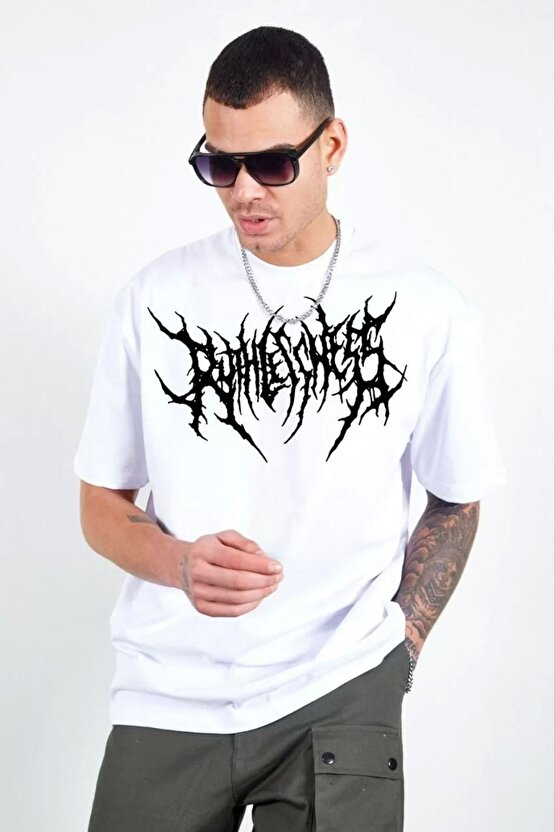 Unisex Oversize Baskılı Bisiklet Yaka T-Shirt - Beyaz