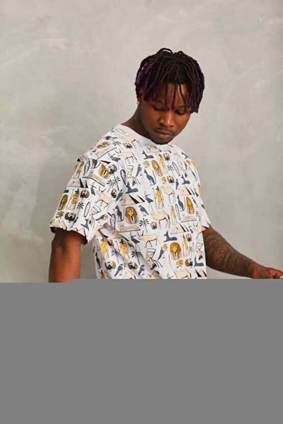 Unisex Oversize Baskılı Bisiklet Yaka T-Shirt - Beyaz