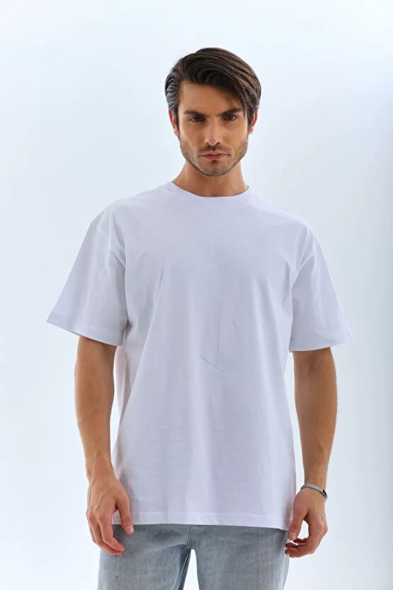 Moda Shop & Butik Unisex Oversize Düz Bisiklet Yaka T-shirt - Beyaz