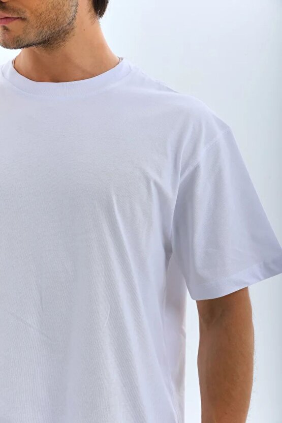 Moda Shop & Butik Unisex Oversize Düz Bisiklet Yaka T-shirt - Beyaz