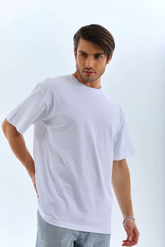 Moda Shop & Butik Unisex Oversize Düz Bisiklet Yaka T-shirt - Beyaz