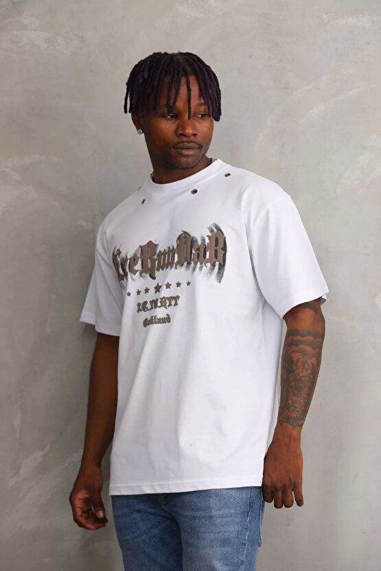 eyesof Unisex Kuşgözü Detaylı Baskılı Oversize T-Shirt - Beyaz