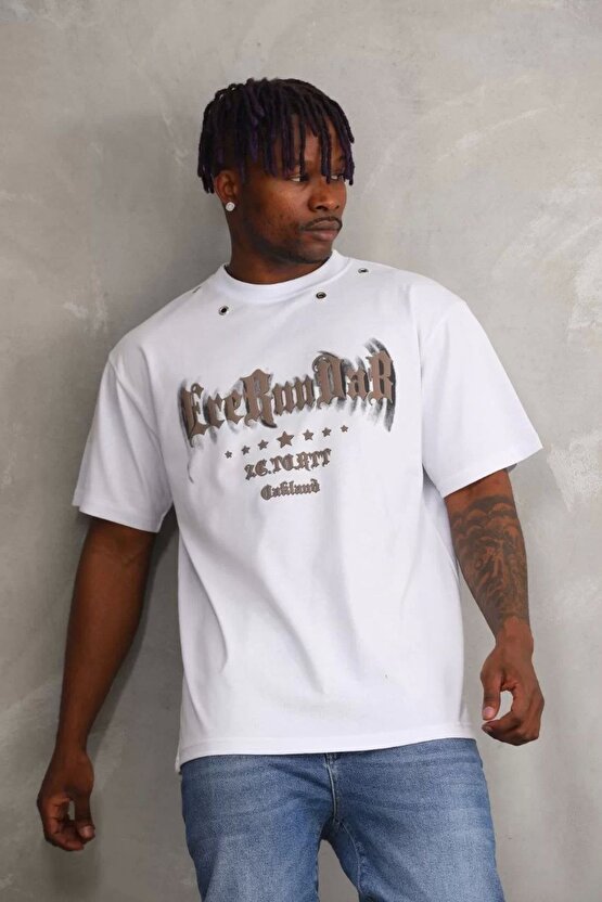 eyesof Unisex Kuşgözü Detaylı Baskılı Oversize T-Shirt - Beyaz