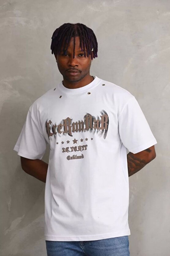 eyesof Unisex Kuşgözü Detaylı Baskılı Oversize T-Shirt - Beyaz