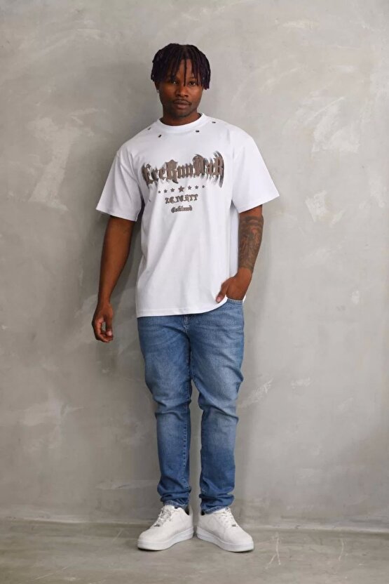 eyesof Unisex Kuşgözü Detaylı Baskılı Oversize T-Shirt - Beyaz