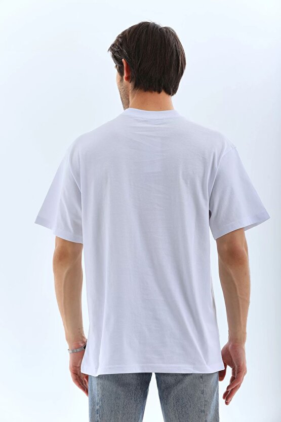 Unisex Oversize Taşlı Bisiklet Yaka T-shirt - Beyaz