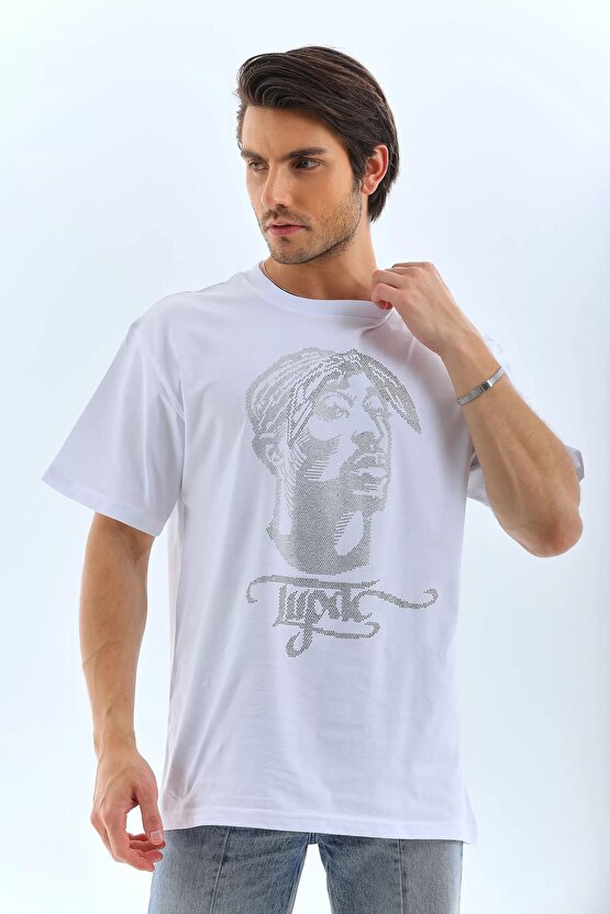 Unisex Oversize Taşlı Bisiklet Yaka T-shirt - Beyaz
