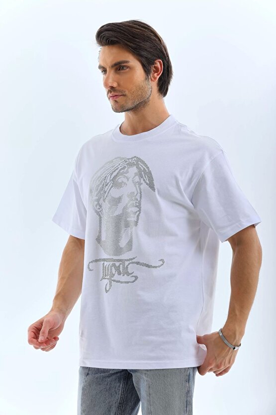 Unisex Oversize Taşlı Bisiklet Yaka T-shirt - Beyaz