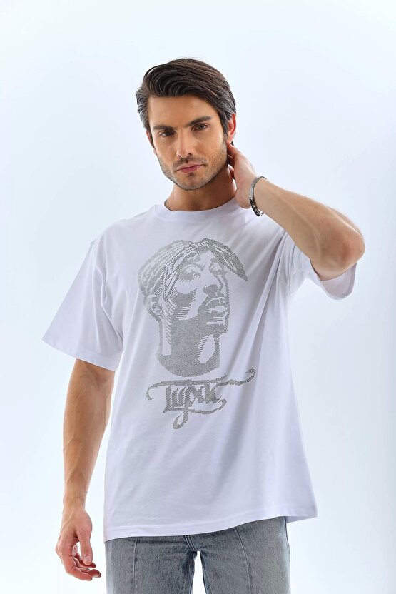 Unisex Oversize Taşlı Bisiklet Yaka T-shirt - Beyaz