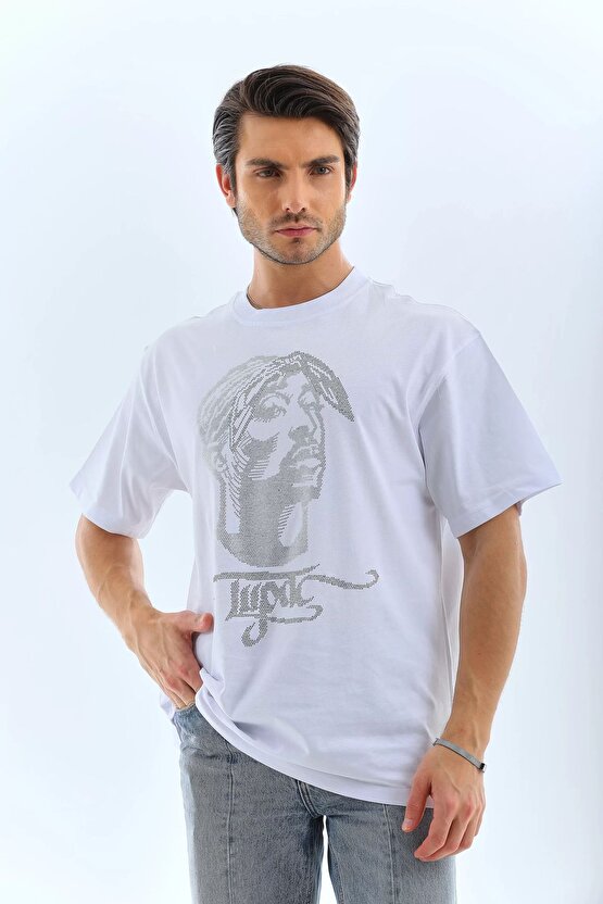 Unisex Oversize Taşlı Bisiklet Yaka T-Shirt - Beyaz