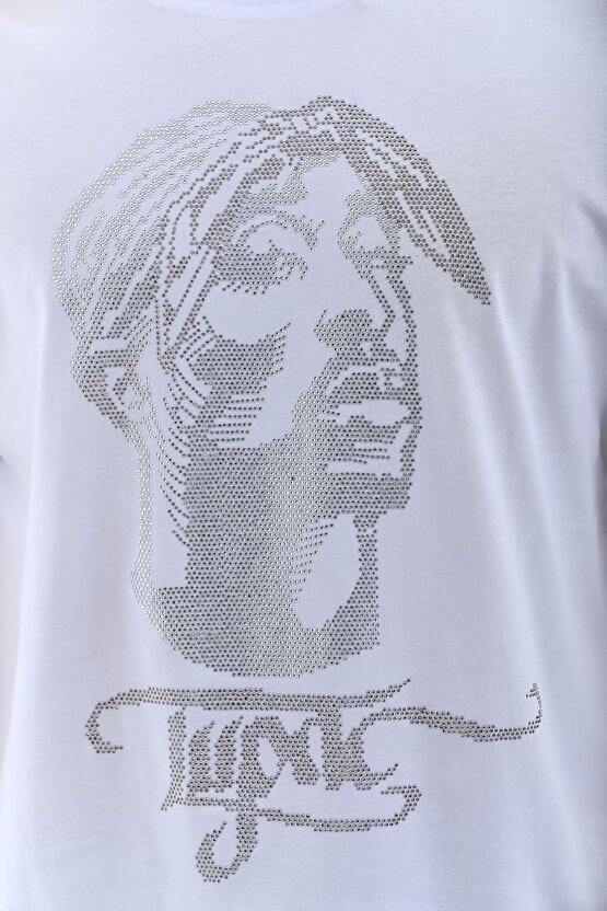 Unisex Oversize Taşlı Bisiklet Yaka T-Shirt - Beyaz