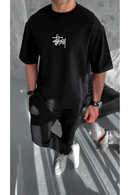 Unisex Bisiklet Yaka Baskılı Oversize T-Shirt - Siyah